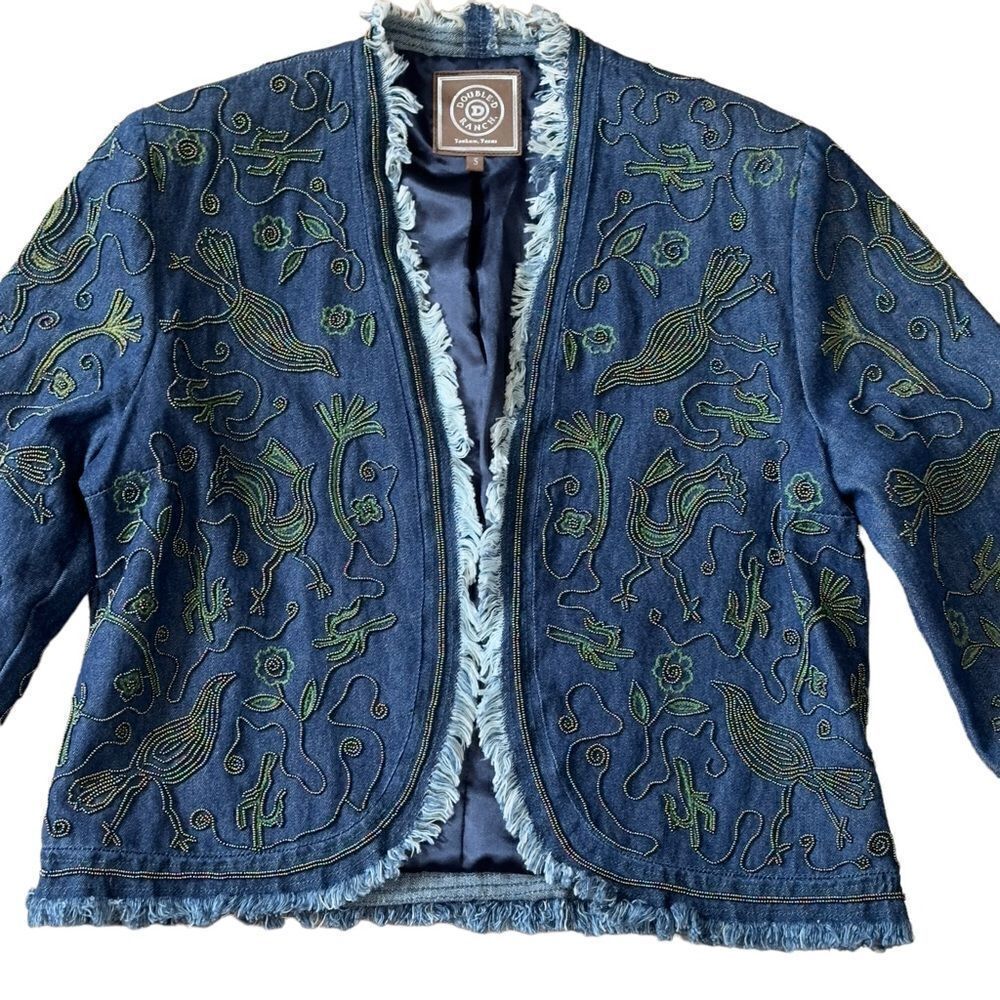 Double D Ranch Beaded Fringed Open Denim Jacket SMALL